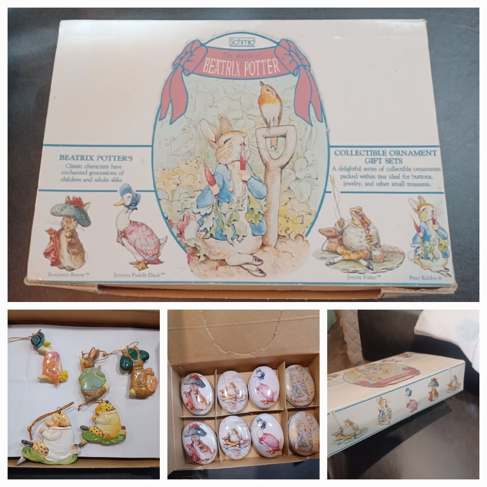 Beatrix Potter Ceramic Ornaments Tins Vtg Set Collection Schmid 1988